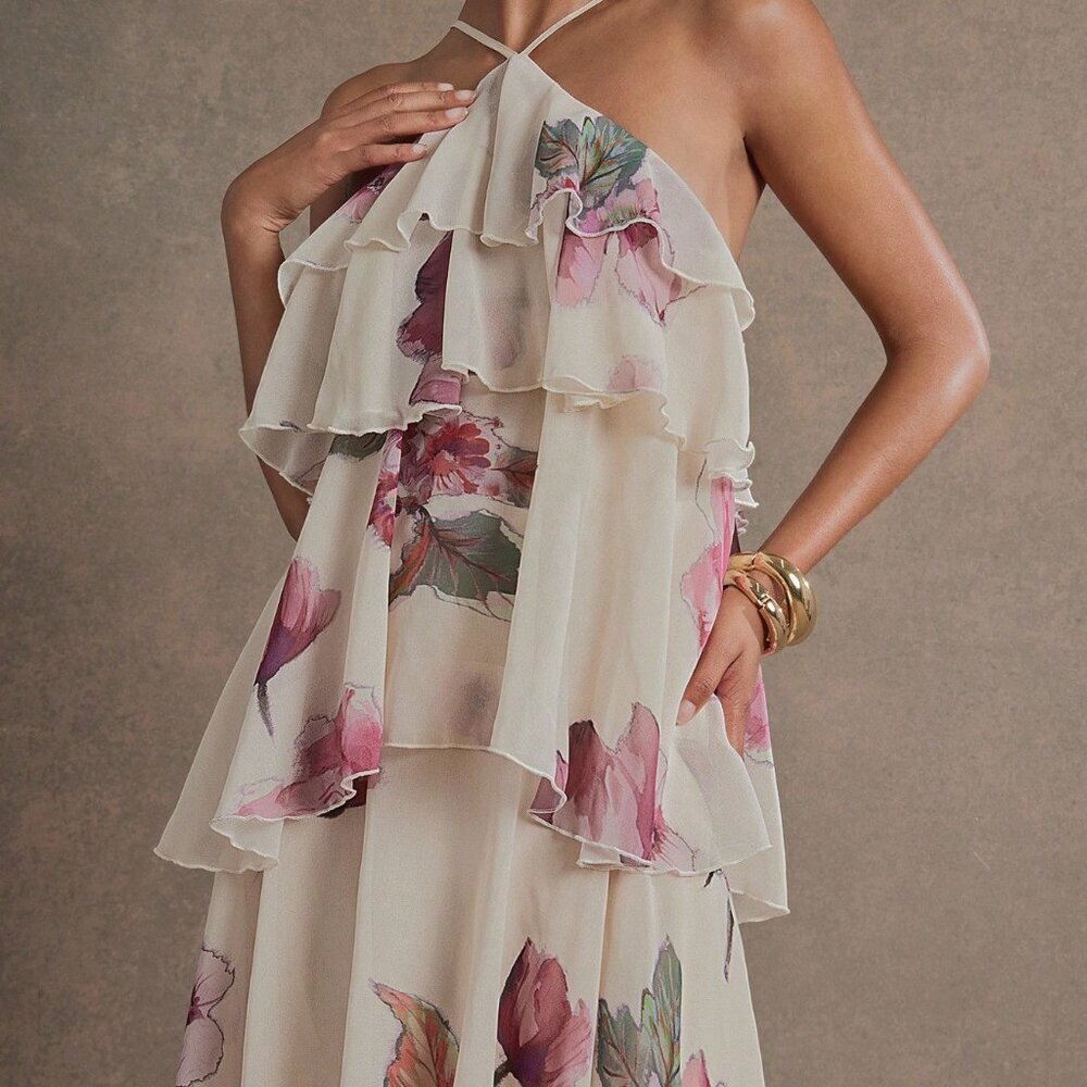 Multicolor Boho Women's  Halter Tiered Chiffon Maxi Dress - Picture 3 of 5
